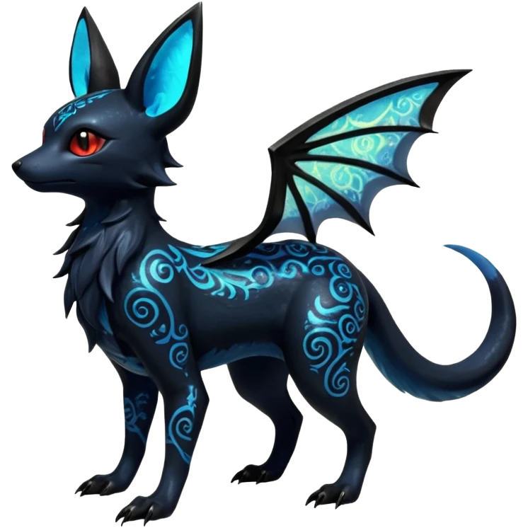 Shiny Fiery Dark Ugly Evil Realistic Glowing Eldritch Horror Cool Edgy Badass Emo Glorious Demonic Batty Dusky Ethereal Sparkly Shimmering Magical Punky Aural Iridescent Fluorescent Bioluminescent Umbreon-Amaura-Salandit-Noibat-Flareon-Fakémon-fusion (full body) with intricate pattern markings emoji