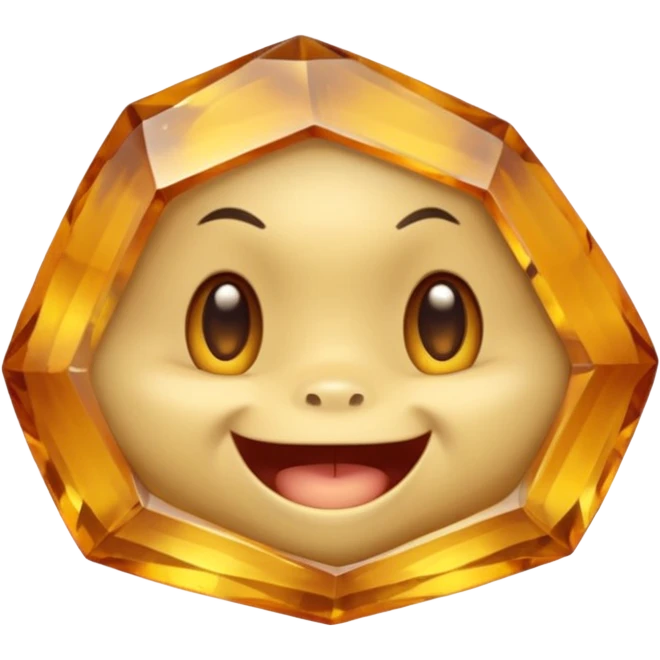 Single gemstone rock character, warm golden citrine, squat and heavy like a rock, with carved facets and tiny surface imperfections, cute round eyes and open smiling mouth, 3D game icon style, plain dark background, no other gems emoji