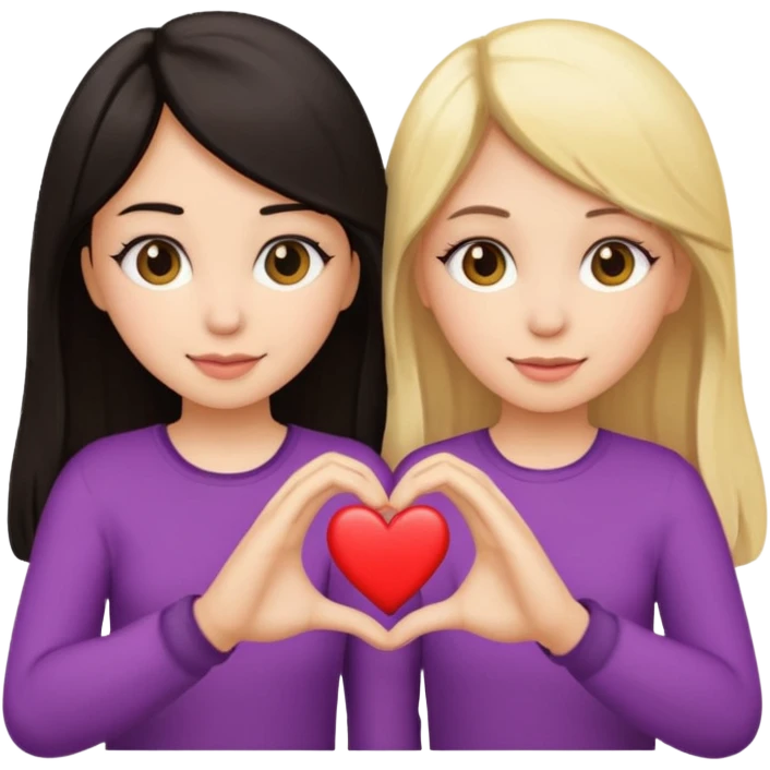 two girls making a heart with their hands, one with dark hair and one with blonde hair, best friends, emoji style emoji