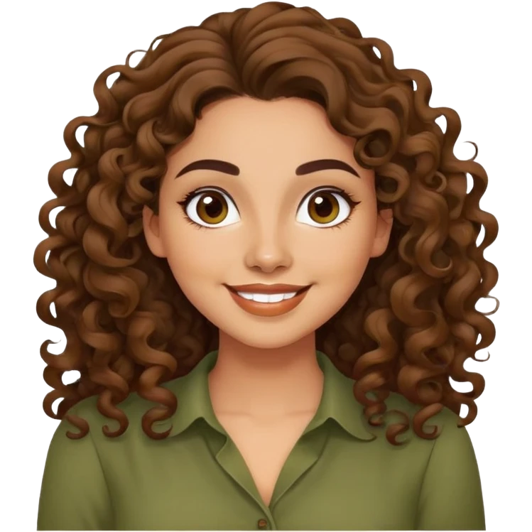 Mujer latina piel canela, cara redonda, cejas definidas, pelo muy largo rizado, peinado hacia atrás con bucles sueltos al frente. Sonrisa amplia, expresión alegre. Blusa verde olivo emoji