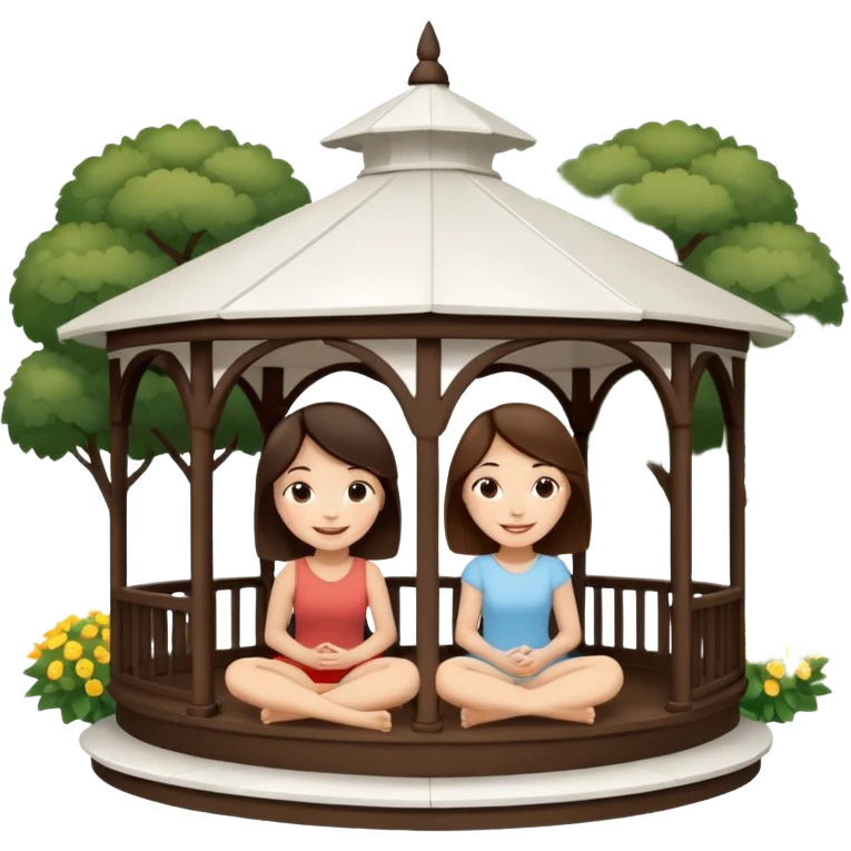 Two small brunette women sitting inside a large white gazebo emoji