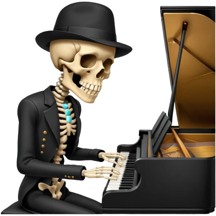 a human skeleton in anatomical proportion wears a black hat and plays the piano emoji