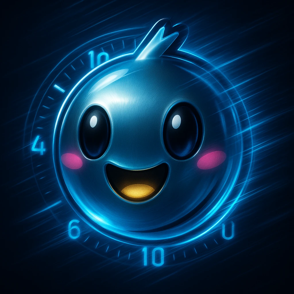 Add a sleek, glowing time acceleration effect to the metallic Made in Heaven emoji. Include blue motion streaks or digital clock elements to create a modern, high-tech look. emoji