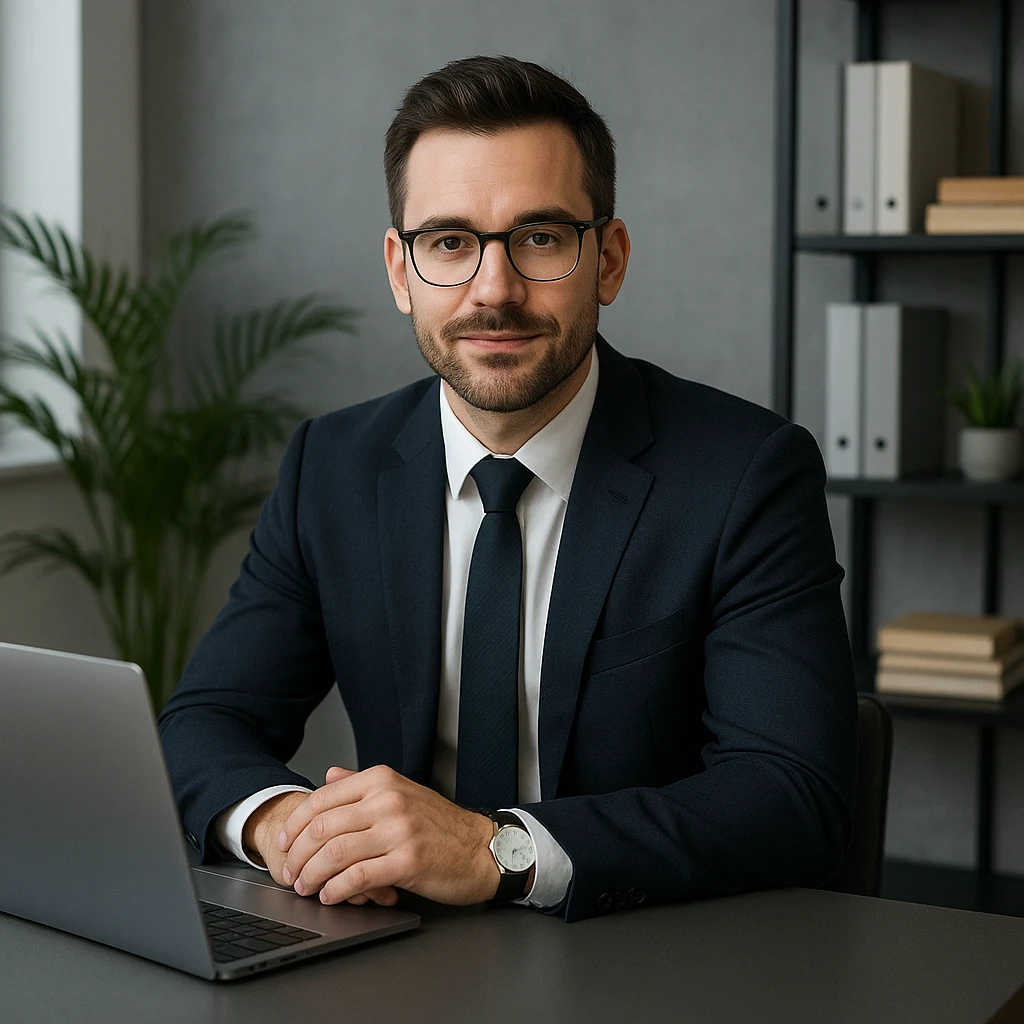 A 35-year-old male business coach sitting at a desk with a laptop, professional and modern style emoji