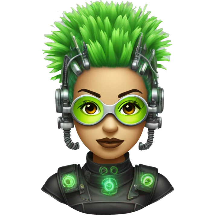 Neon green Mohawk hair Latina female cyborg head with silver steampunk goggles and circuits emoji
