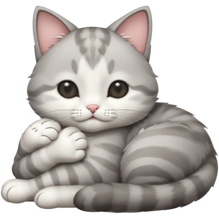 grey and white small cat with its eyes closed lying down with its paw curled under his chin holding it up emoji