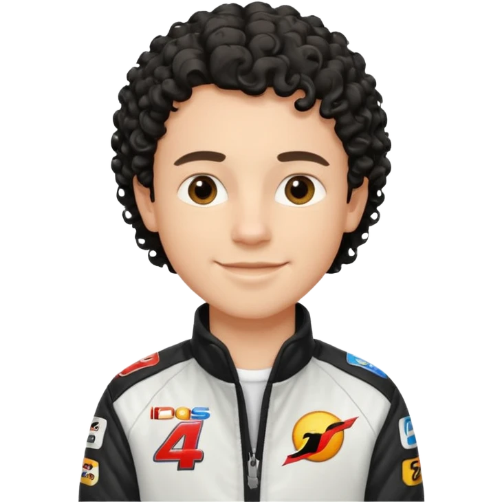 White Boy with curly black hair shoulder length wearing a race car jacket modern looking into the camera with a smile emoji