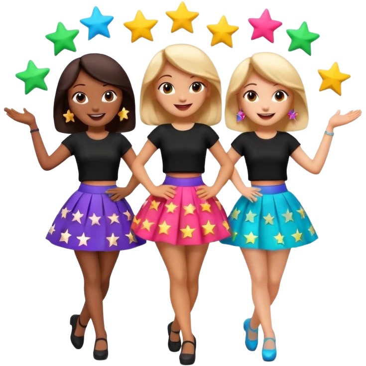 Three 3D cartoon women dancing in colorful skirts and black tops with stars, cheerful expressions, bright background, Memoji-style rendering. emoji