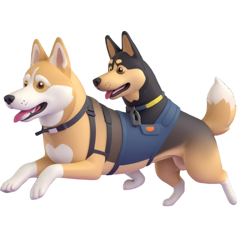 playful scene with a husky and a German Shepherd running together with simple background emoji