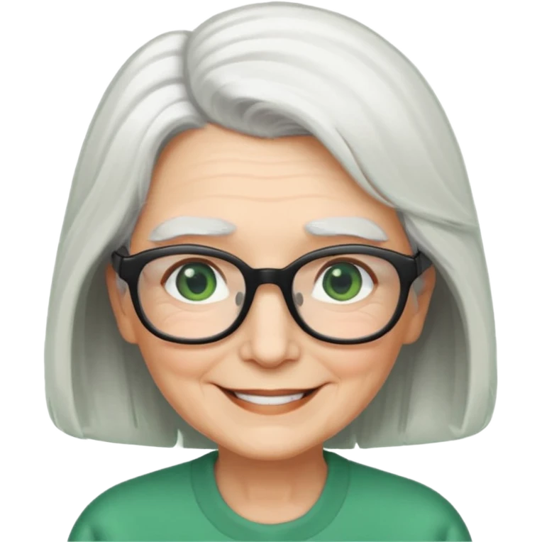 White hair grandma, green eyes, hair to shoulder, lokeg black glasses, rectangles face, smile , emoji