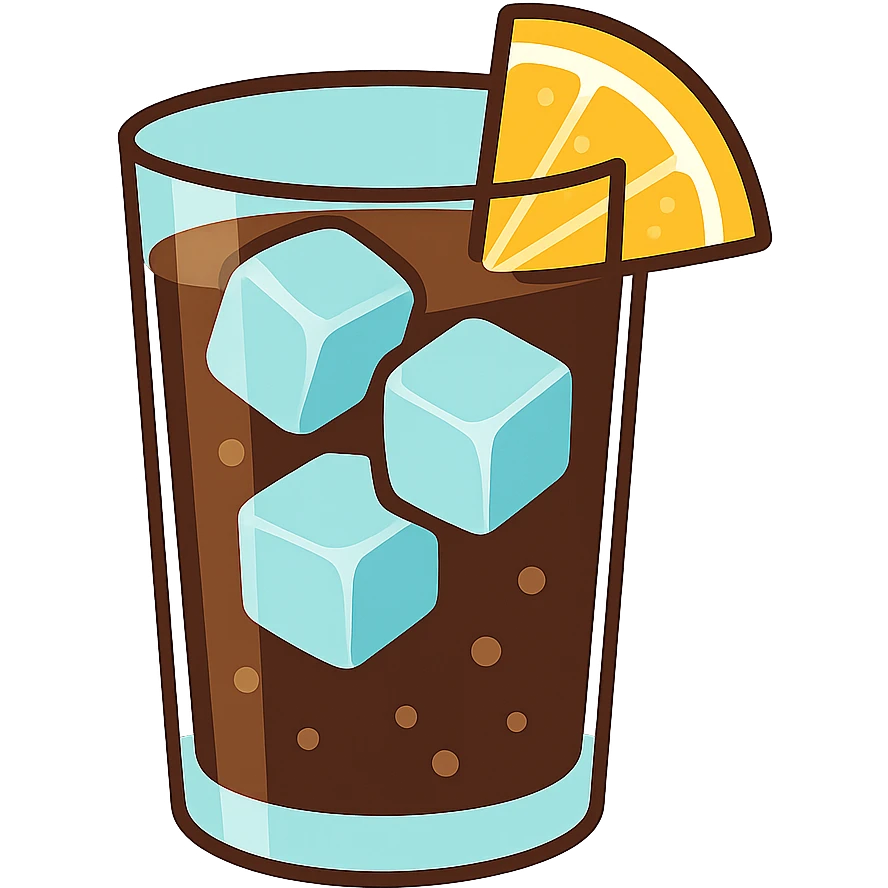 flat toon glass of cola with 3 ice cubes and a wedge of lemon emoji