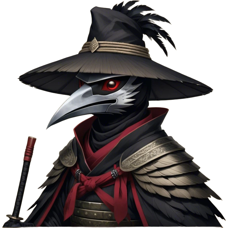A fierce Kenku samurai with sleek black feathers, piercing crimson eyes glowing under the shadow of his straw hat. His sharp beak is partially covered by a black cloth mask, adding to his air of mystery. He wears layered black and crimson armor, intricate silver engravings etched into the metal plates. A long, tattered cloak billows behind him, worn from countless battles. His clawed hands grip the hilt of a curved katana, its polished blade reflecting the moonlight. Wisps of mist swirl around his taloned feet as he stands motionless emoji