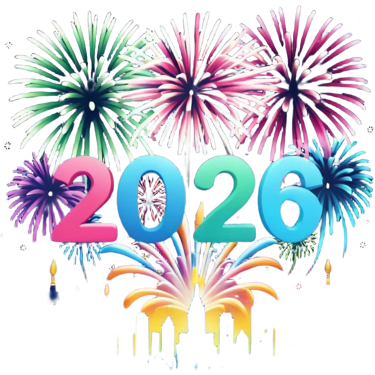 "Happy New Year 2026" in backdrop of colourful fireworks in outline  emoji