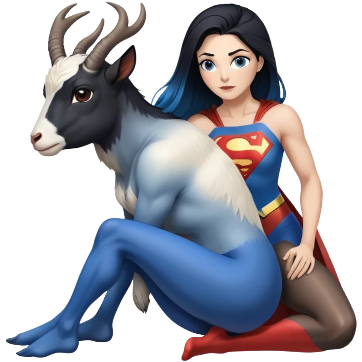 Art of a human white woman's gorgeous body scheme anatomy-very long and straight black to blue hair ombre with tiny goat antlers-leaning back-on knees-superman standing on her right-looking at each other emoji