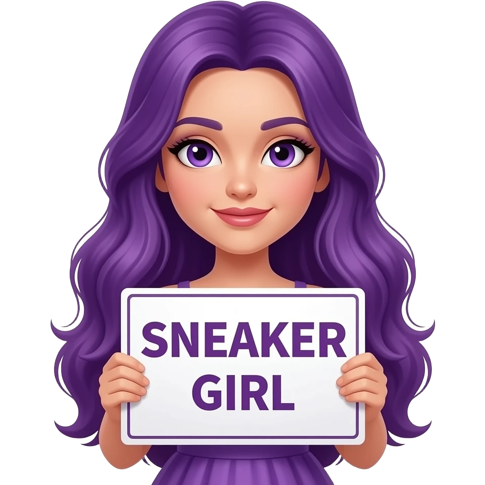 sexy girl with long purple hair and purple eyes wearing a dress holding a SNEAKER GIRL sign emoji