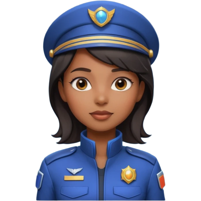 cute Black female spaceship captain portrait, head and shoulders only, futuristic uniform, captain badge, confident expression, 3D cartoon, mobile game icon style, clean background, no text, no watermark emoji
