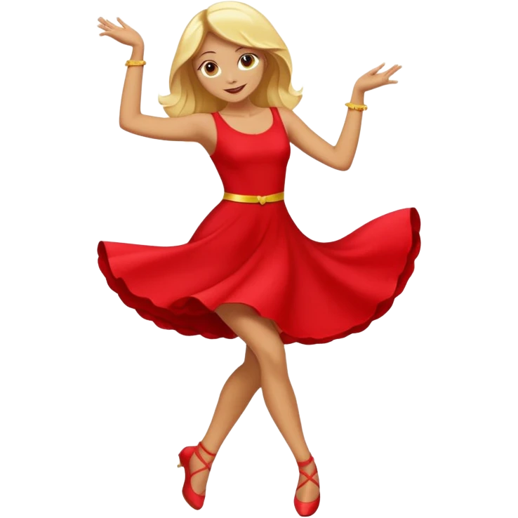 a yellow-blonde woman dancing wearing a red dress, in flat emoji / Apple style, smooth shapes, glossy highlights, bright saturated colors, simple features, minimal details, no outlines, red clothes flowing, joyful pose
 emoji