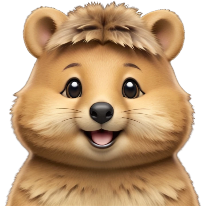 cinematic-realistic quokka-emoji,-small-round-frame, head tilted in an endearing manner, comical smile, round cheeks, giant-fluffy-cheeks-large-smile-fluffy-brown-fur-radiating-a-warm-softness,-big-round-eyes-filled-with-joy, realistic round  fluffy zoomed in, large black eyes one paw raised in the air emoji
