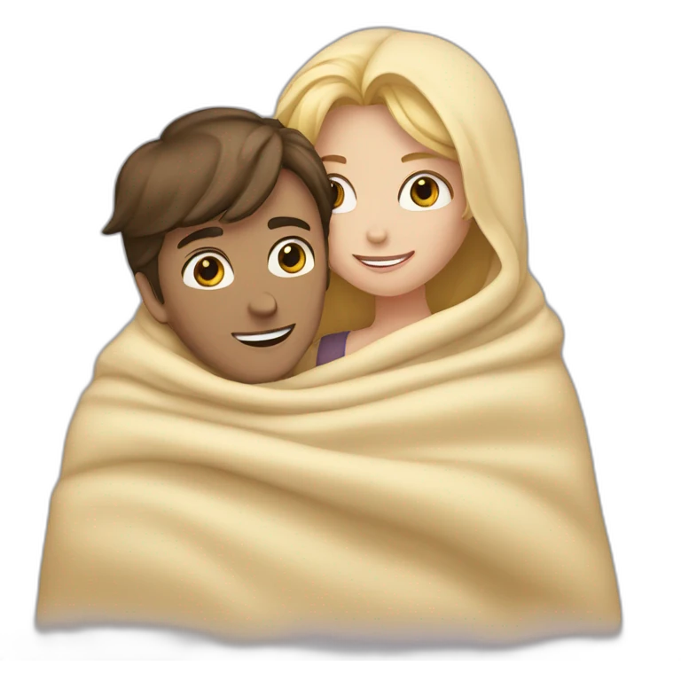 Brunette girl and blond boy hugging in a blanket  emoji