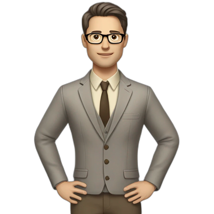 Full height Gesticulating Pale skinned fit man with dark brown hair in gray jacket, beige office shirt, brown tie, brown pants and vintage glasses. emoji