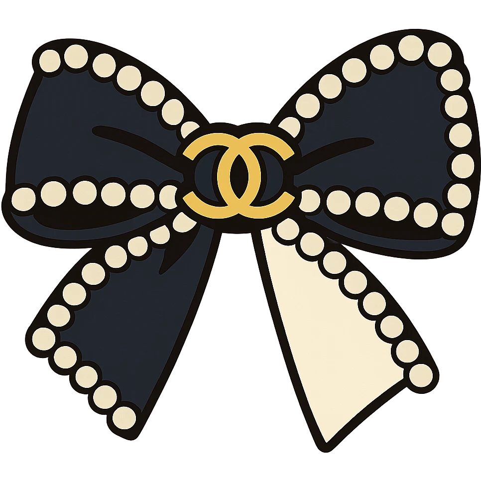 elegant bow with pearls and gold Chanel logo, glossy, black and white emoji