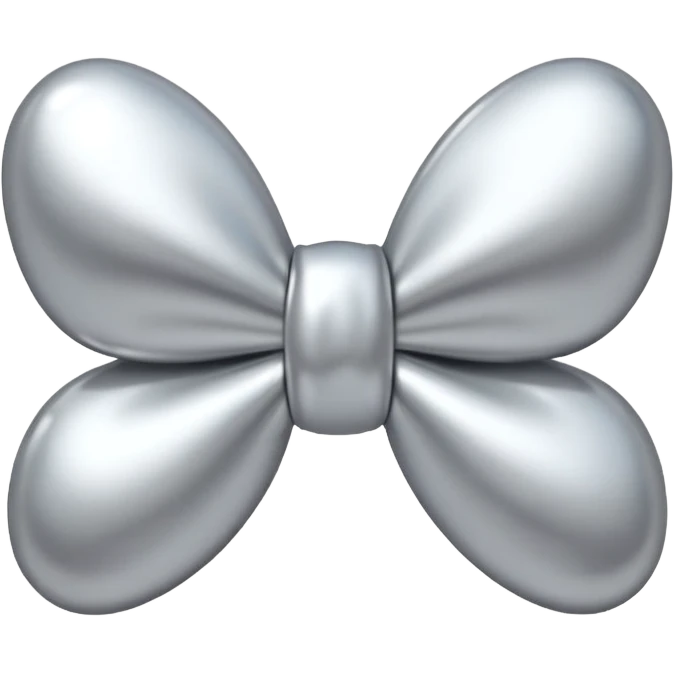 A cute bow emoji made of polished silver chrome, smooth rounded loops, glossy metallic surface, soft mirror reflections, subtle highlights, minimal and adorable proportions, iOS emoji style, centered composition, clean white background, soft studio lighting, no text, no outline, ultra high quality emoji