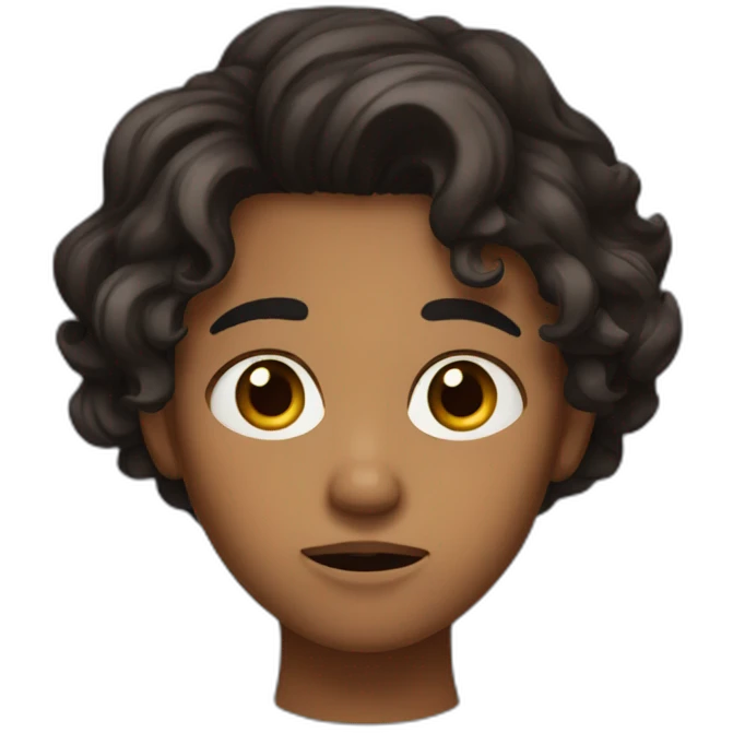 Wavy dark colored hair, dark skin, freckles, brown eyes, upset expression. emoji