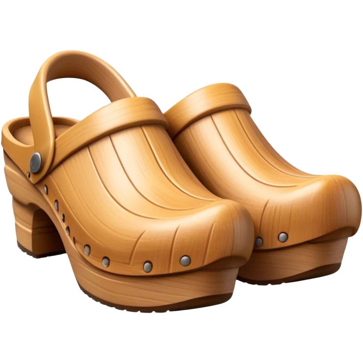 Cinematic Realistic Wooden Clogs Emoji, depicting the classic handcrafted footwear with a smooth, curved design and sturdy wooden soles, rendered with rich textures and warm, natural lighting. emoji