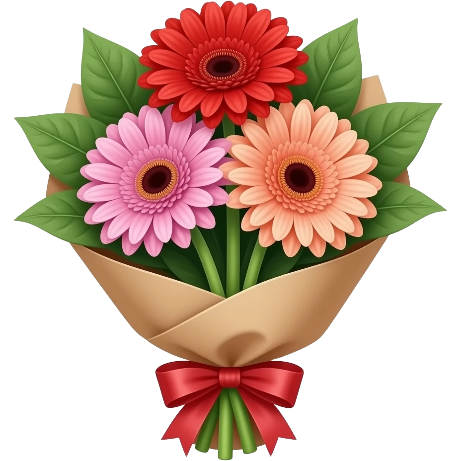 Bouquet with leaves and bouquet coverof three gerbera only with each colour having red, pink and peach in full screen with realistic gerbera emoji