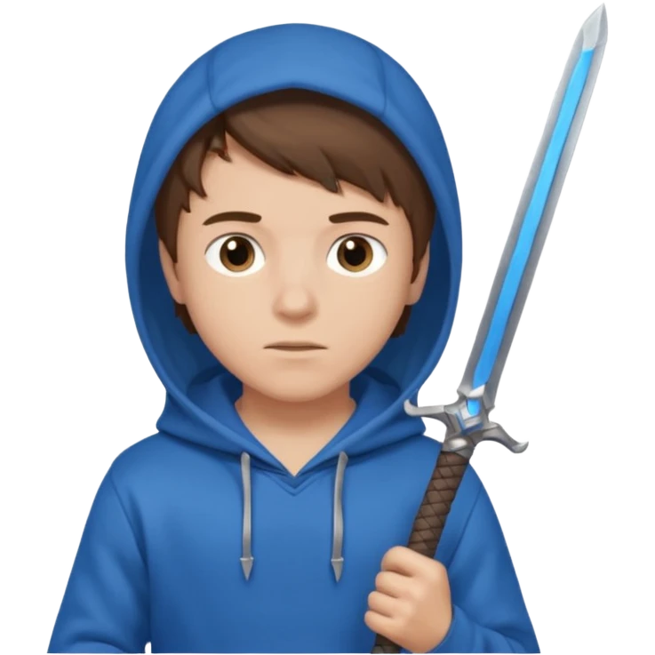 make a boy with brown hair and a blue hoodie and add a blue sword too emoji