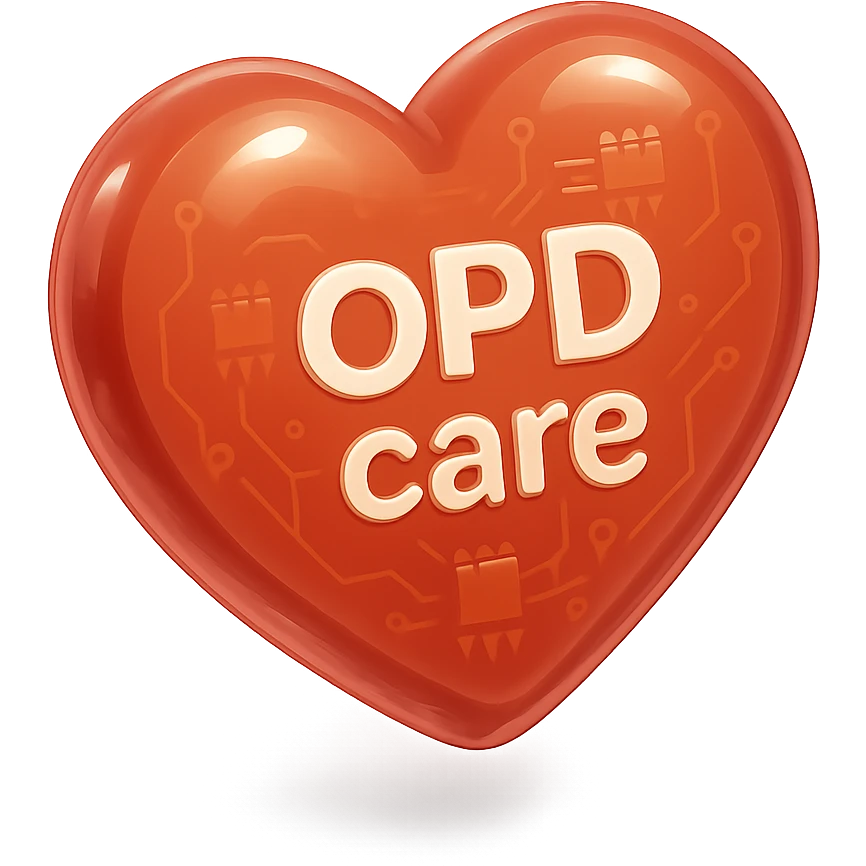 glossy red heart with 'OPD care' in the middle, friendly and approachable style emoji