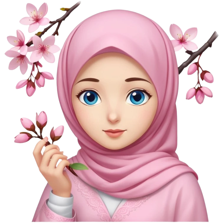 Turkish beautiful finish Konya girl blue eyes with light pink hijab islamic dress and had on her hand cherry blossom emoji