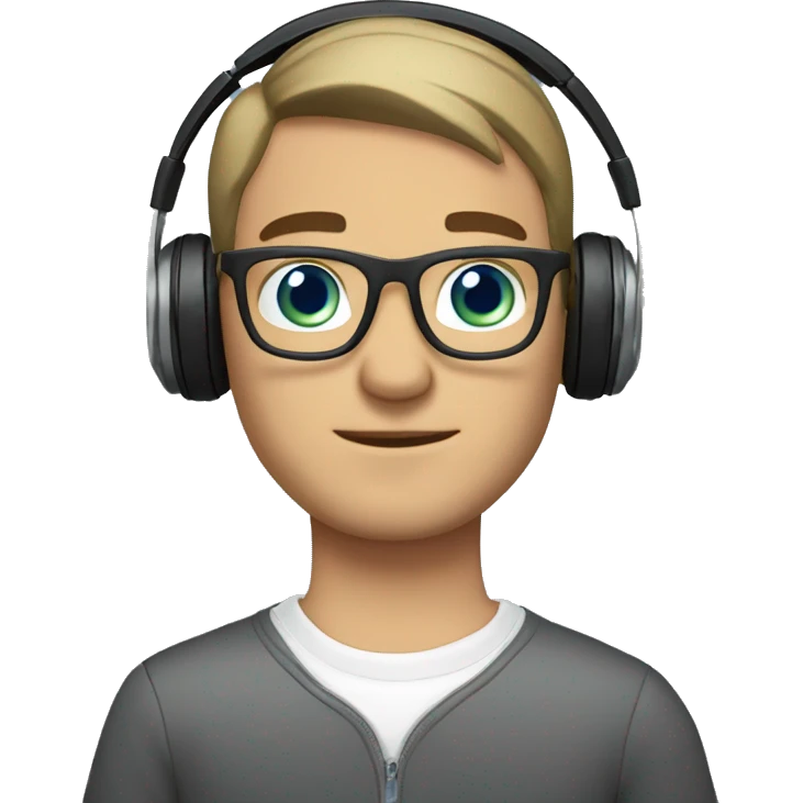 brunette guy with blue eyes in glasses and headphones for computer plays computer emoji