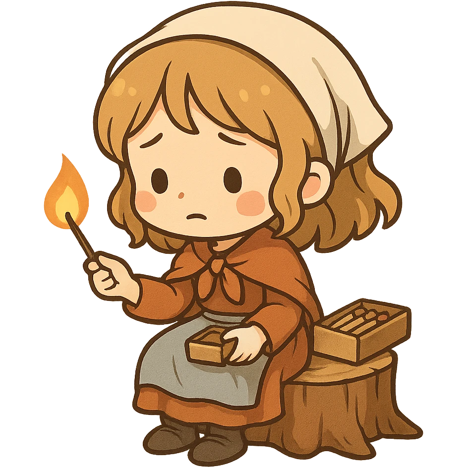 一个可爱的卖火柴的小女孩坐在一个矮树桩上 emoji