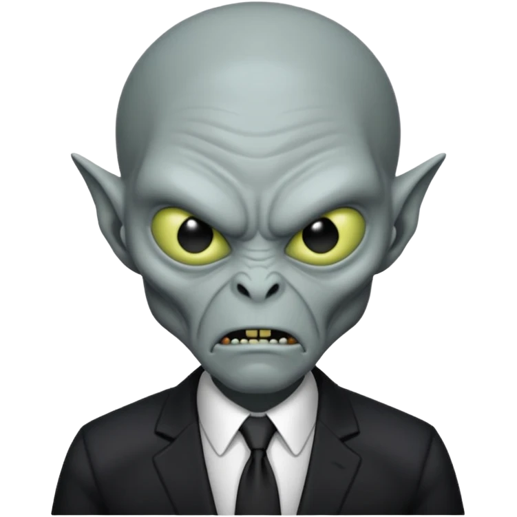 an old alien with black suit, grey skin, angry emoji
