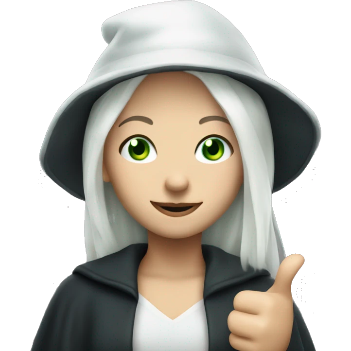 Young witch with white hair, white skin and cap, green eyes, thumbs up   emoji