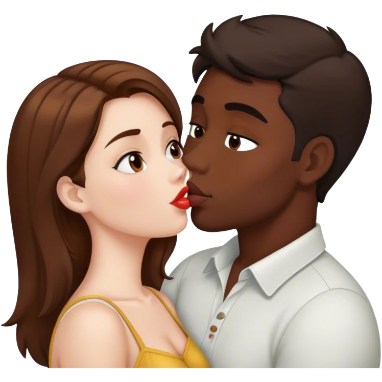 A brown-haired girl with fair skin and a dark-haired guy with dark skin are kissing emoji