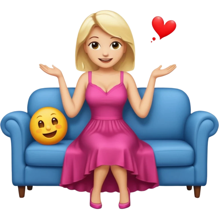 cheerful busty blonde full body on a couch, SFW, emoji style emoji