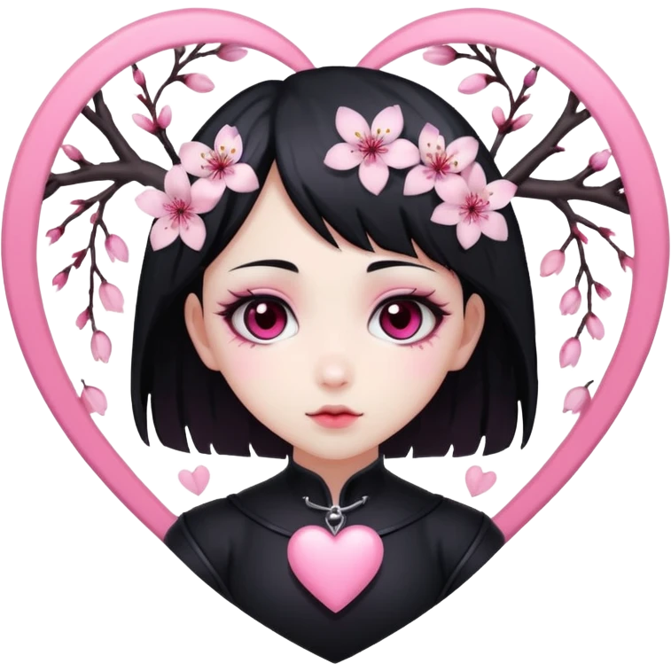 goth sakura heart, white heart with pink cherry blossom petals, cute and dramatic emoji