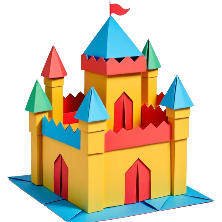 3D render of Cardboard Box Castle made entirely of folded origami paper, sharp creases, cardboard texture, matte finish, visible paper grain, craft aesthetic, Apple emoji style, isolated on white background --v 6.0 emoji