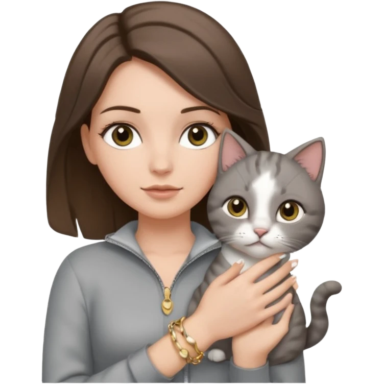 a white girl with brunette hair in brain that is over her shoulder. shes holding a grey cat. the girl has long lashes and has on a grey zip up that is half way zipped  and under a white shirt and gold jewelry that is gold bracelets. emoji