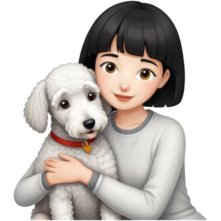 A girl with short black hair and bangs happily hugs a white Bedlington terrier emoji