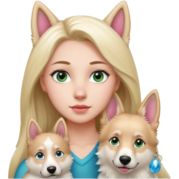 White European young woman with blue-green eyes and long blond hair with her white German Shepherd dog,the Dog hast a pink nose and short fur  ans Brown eyes emoji