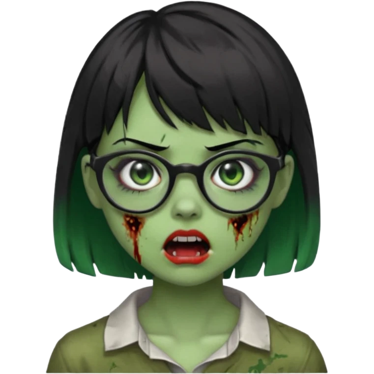 faça uma menina zumbi,da cor verde,com o cabelo curto preto até o pescoço,franja,óculos pretos,olhos escuros,boca meio aberta e alguns machucados pelo rosto emoji