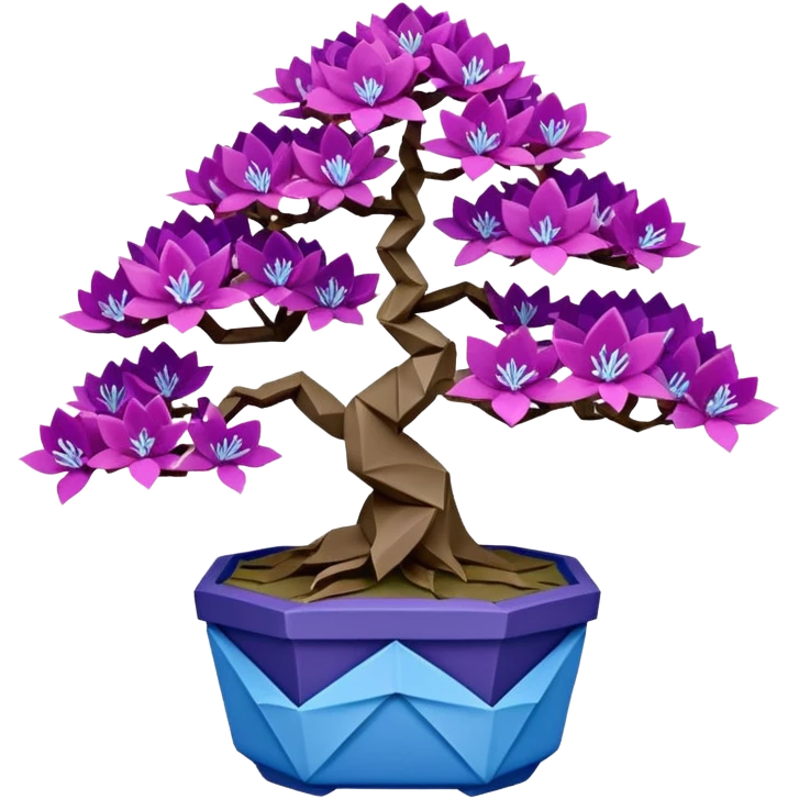 Bonsai long hair-fine-leaf group crimson crystal azalea purple and cream blue forest planting in origami style pot  emoji