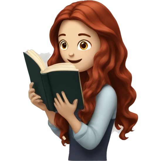 White girl with long loose wavy dark red hair reading a book emoji