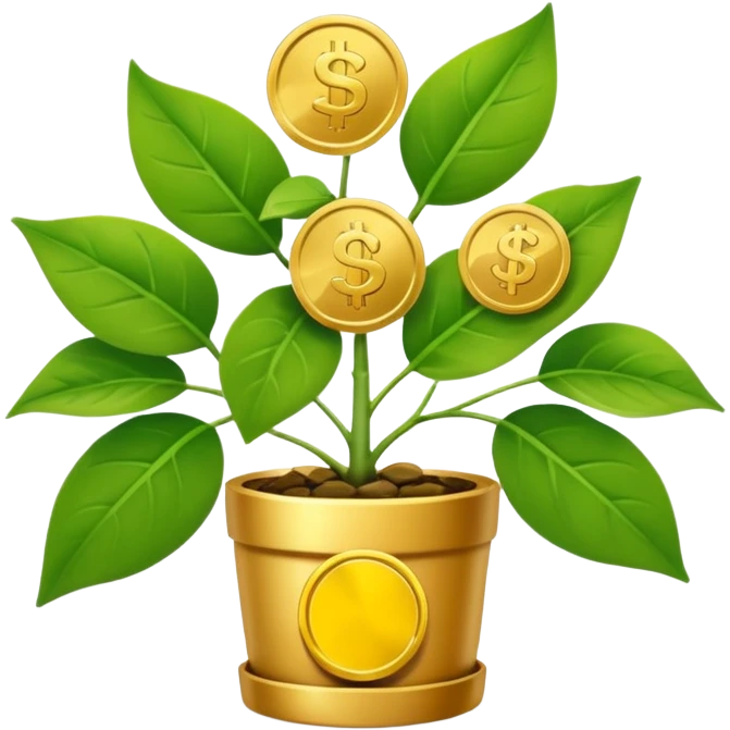 medium-sized money plant with several leaves shaped like coins or bills, showing early growth from compounding, clear modern emoji style emoji