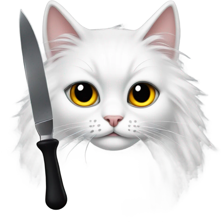 White long haired cat with big eyes and black fur around them holding a knife  emoji