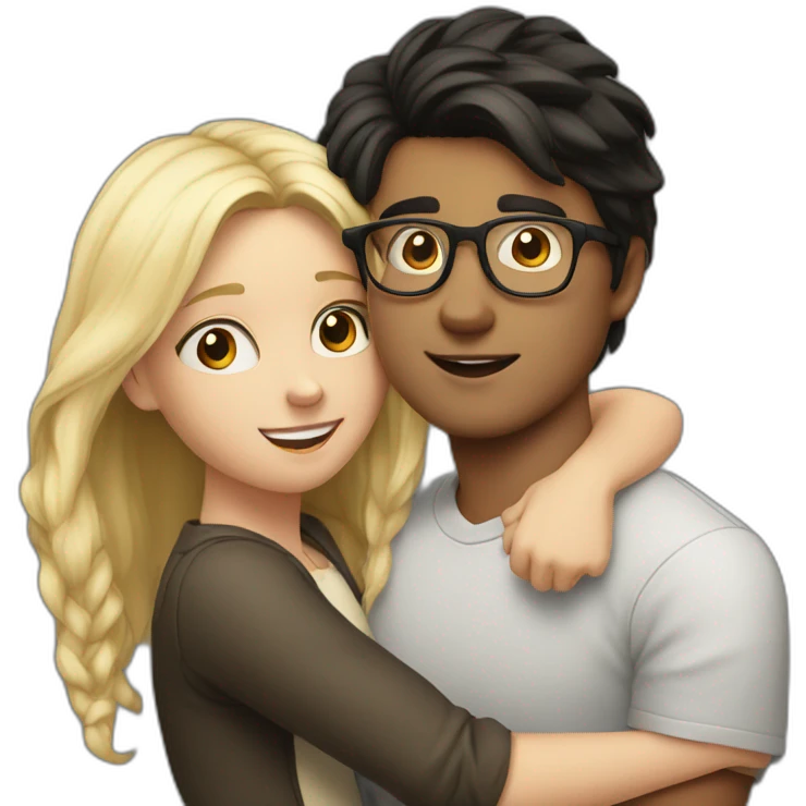 boy with dark hair and glasses hugs a blonde girl emoji