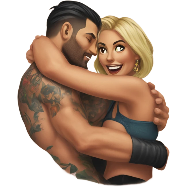 beautiful woman climbing a handsome tattooed man's back emoji